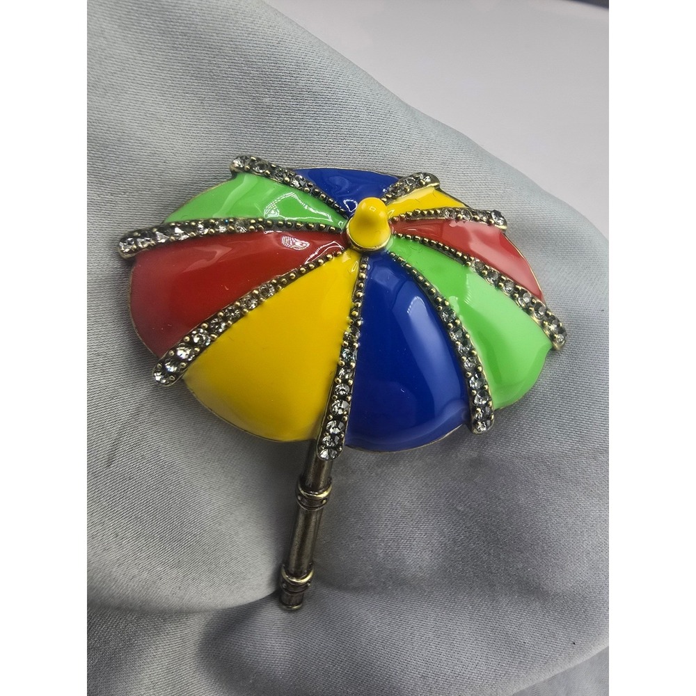 Heidi Daus Umbrella Brooch Multicolor Enamel Rhinestone Parasol Pin